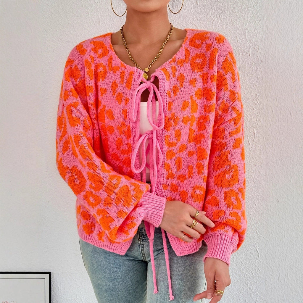 Adjustable Drawstring Women's Cardigan with Distinctive Leopard Print by Heidi Fashion