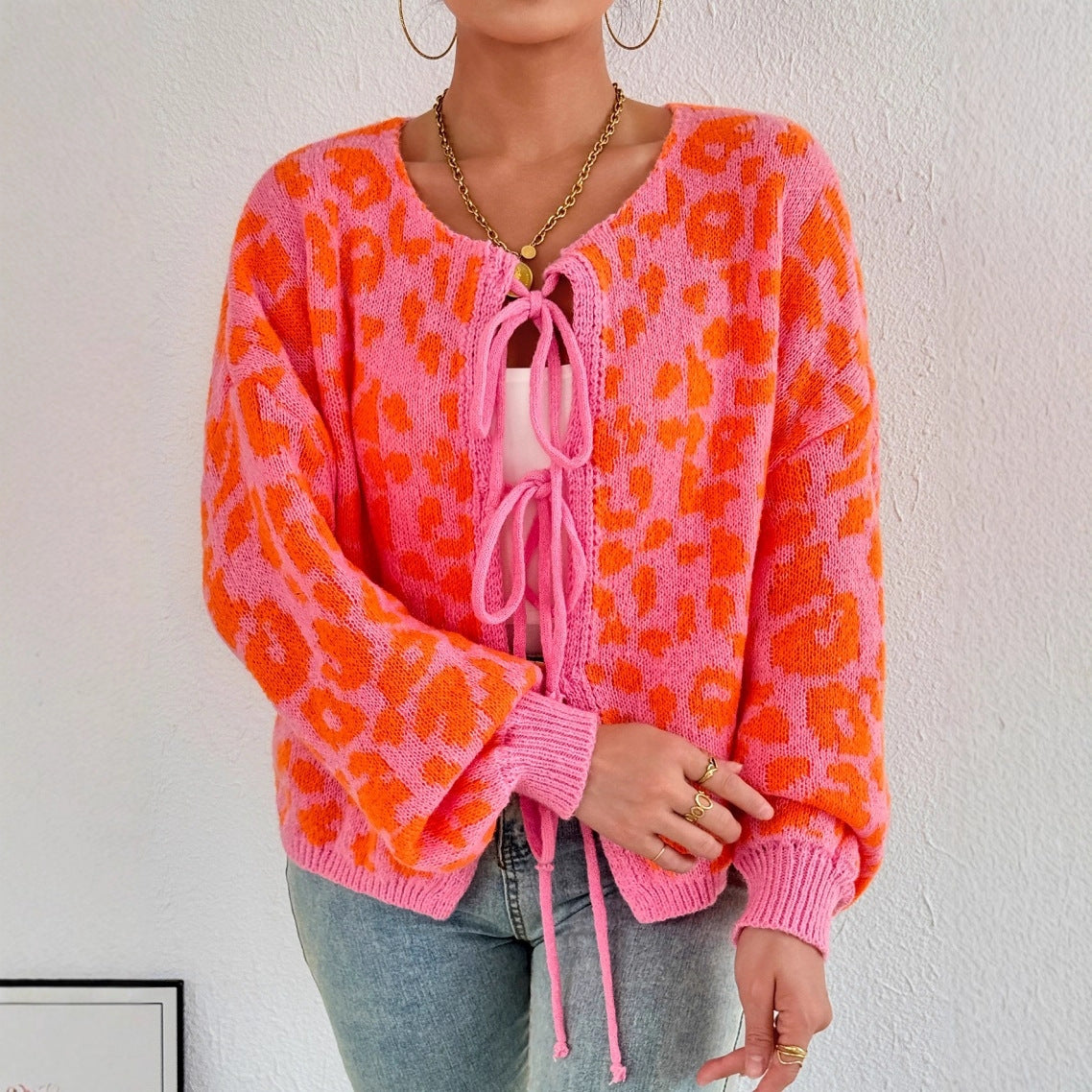 Adjustable Drawstring Women's Cardigan with Distinctive Leopard Print by Heidi Fashion