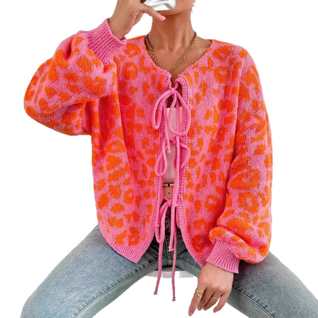 Adjustable Drawstring Women's Cardigan with Distinctive Leopard Print by Heidi Fashion